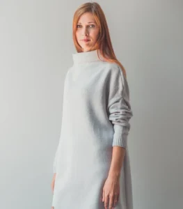 White Wool Sweater Dress with High Neck