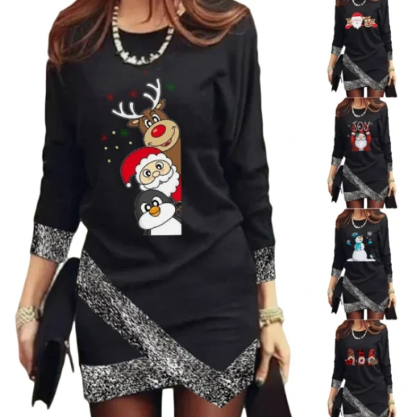 Women's Fashion Leisure Christmas Round Neck Long Sleeve Irregular Hem Dress