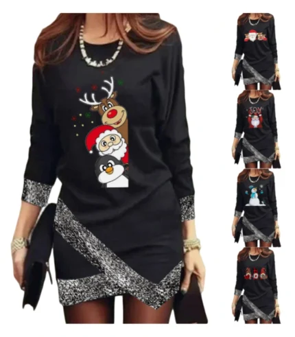 Women's Fashion Leisure Christmas Round Neck Long Sleeve Irregular Hem Dress