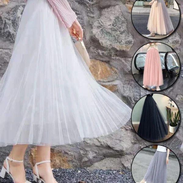Women Tulle Skirt Elastic Pleated High Waist Layers Maxi Long Dress Fashion