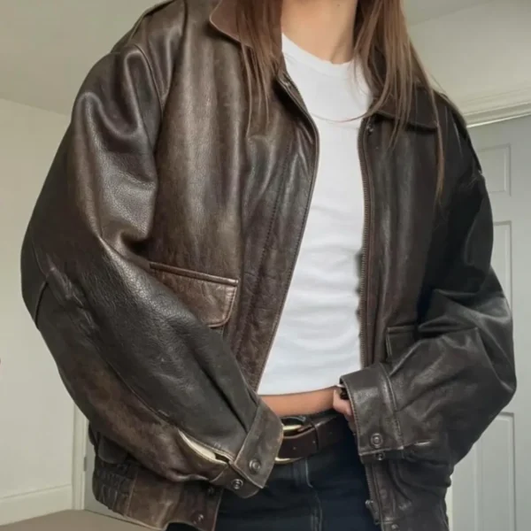 Women’s Oversized Vintage Brown Leather Jacket