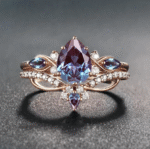 Vintage Alexandrite Engagement Ring Set Women Unique Rose Gold Pear Shape Alexandrite Cluster Ring Bridal Wedding Ring Set Anniversary Gift