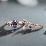 Vintage Alexandrite Engagement Ring Set Women Unique Rose Gold Pear Shape Alexandrite Cluster Ring Bridal Wedding Ring Set Anniversary Gift
