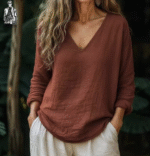 Autumn Winter 2025 Women’s Cotton Blouse – Long Sleeve V-Neck Loose Fit Pullover Casual Top - Image 2