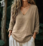 Autumn Winter 2025 Women’s Cotton Blouse – Long Sleeve V-Neck Loose Fit Pullover Casual Top - Image 3