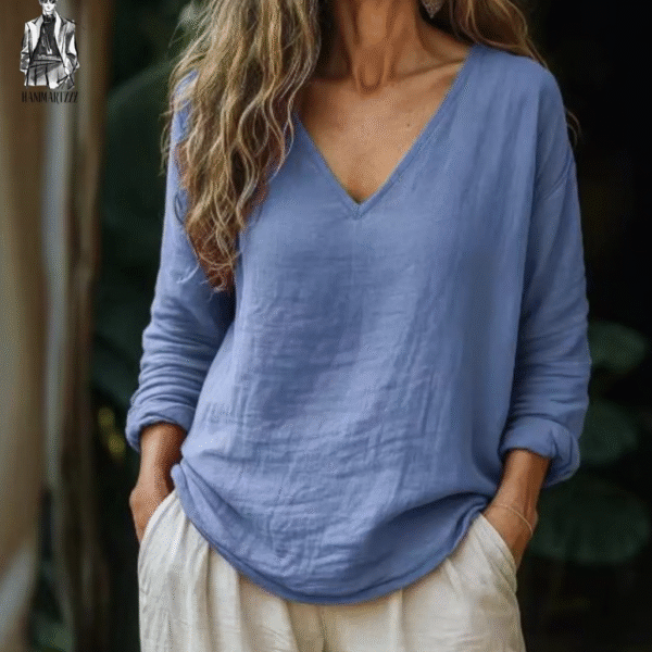Autumn Winter 2025 Women’s Cotton Blouse – Long Sleeve V-Neck Loose Fit Pullover Casual Top
