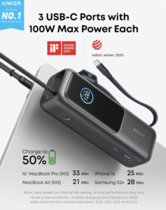 Anker Laptop Power Bank, 25,000mAh Portable Charger with Triple 100W USB-C Ports, Built-in and Retractable Cables, for iPhone 16/15 Series, MacBook, Samsung, and More (Flight-Approved) - Image 2