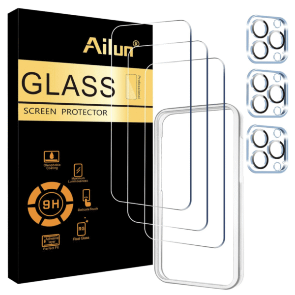 Ailun 3 Pack Screen Protector for iPhone 15 Pro Max [6.7 inch] + 3 Pack Camera Lens Protector with Installation Frame,Sensor Protection,Dynamic Island Compatible,Case Friendly Tempered Glass Film