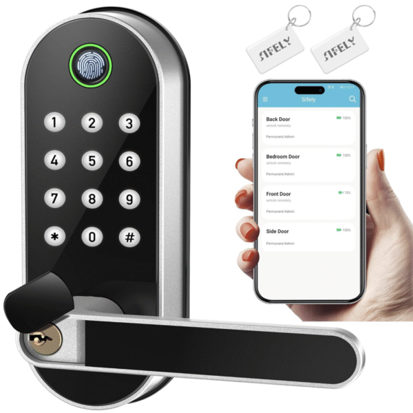 Keyless Entry Fingerprint Smart Lock with Handle & Keypad: Sifely Biometric Digital Electronic Lock with Code, Electric Deadbolt Door Knob for Front, Interior, Exterior & Bedroom Doors (Silver)