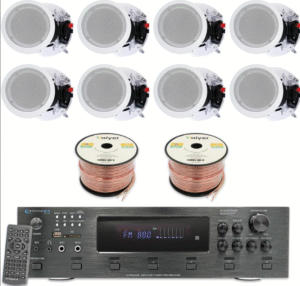 Home Theater System Kit - 6 Channel 6000 Watts Bluetooth Amplifier, 8 Qty of 8” Framed Ceiling Speakers 300 W Each, 16 AWG 500 ft Speaker Wire & Remote Ideal for Home, Office by Technical Pro