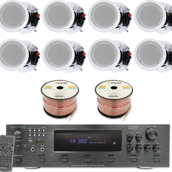 Home Theater System Kit - 6 Channel 6000 Watts Bluetooth Amplifier, 8 Qty of 8” Framed Ceiling Speakers 300 W Each, 16 AWG 500 ft Speaker Wire & Remote Ideal for Home, Office by Technical Pro