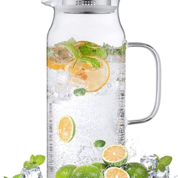 Bivvclaz 2 Liter Large Glass Pitcher with Stainless Steel Lid and Spout for Hot/Cold Drinks - Versatile for Fridge, Iced Tea, Coffee, Juice 92% of respondents would recommend this to a friend