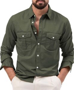 Mens Cargo Shirts Long Sleeve Hiking Safari Shirts Regular Fit Casual Button Down Outdoor Tactical Shirts Ripstop Military Tactical Shirts Western Cowboy Snap Shirts