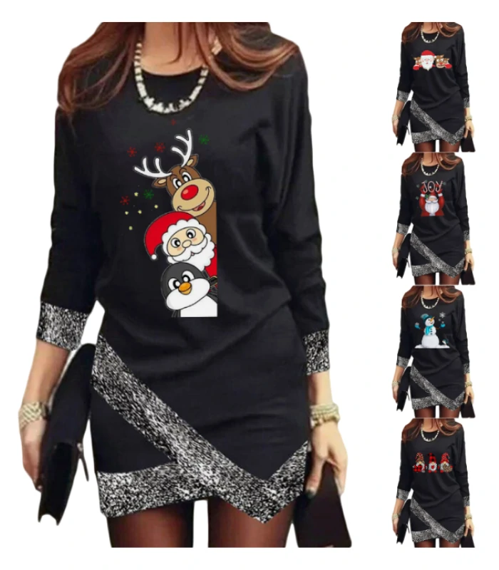 Women's Fashion Leisure Christmas Round Neck Long Sleeve Irregular Hem Dress