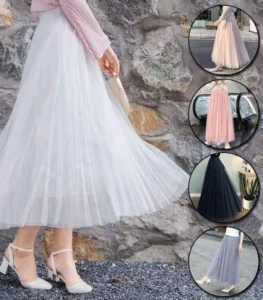 Women Tulle Skirt Elastic Pleated High Waist Layers Maxi Long Dress Fashion - Image 2