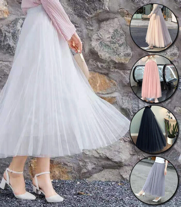 Women Tulle Skirt Elastic Pleated High Waist Layers Maxi Long Dress Fashion