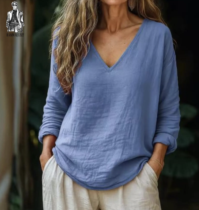 Autumn Winter 2025 Women’s Cotton Blouse – Long Sleeve V-Neck Loose Fit Pullover Casual Top