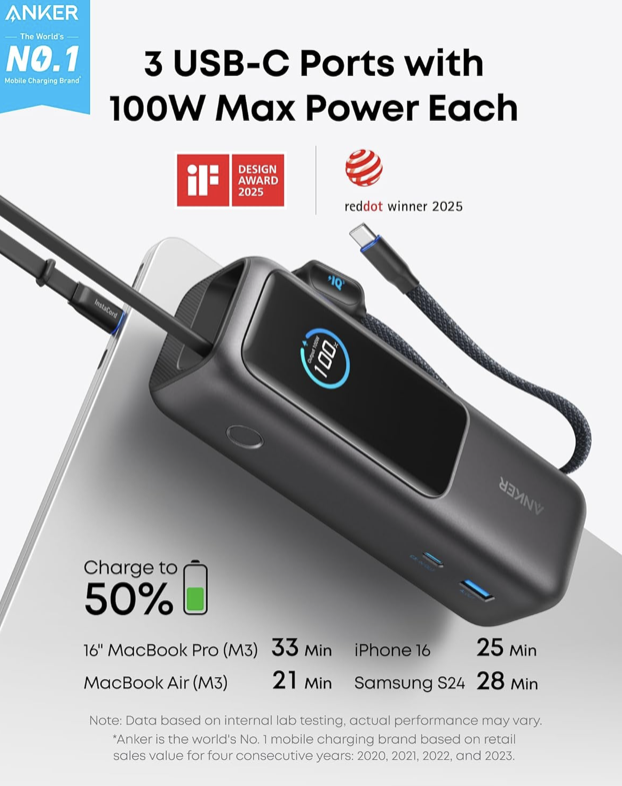 Screenshot-2025-09-18-at-2.22.28-AM-11 Anker Laptop Power Bank, 25,000mAh Portable Charger with Triple 100W USB-C Ports, Built-in and Retractable Cables, for iPhone 16/15 Series, MacBook, Samsung, and More (Flight-Approved) - Image 2