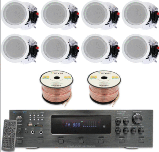 Home Theater System Kit - 6 Channel 6000 Watts Bluetooth Amplifier, 8 Qty of 8” Framed Ceiling Speakers 300 W Each, 16 AWG 500 ft Speaker Wire & Remote Ideal for Home, Office by Technical Pro