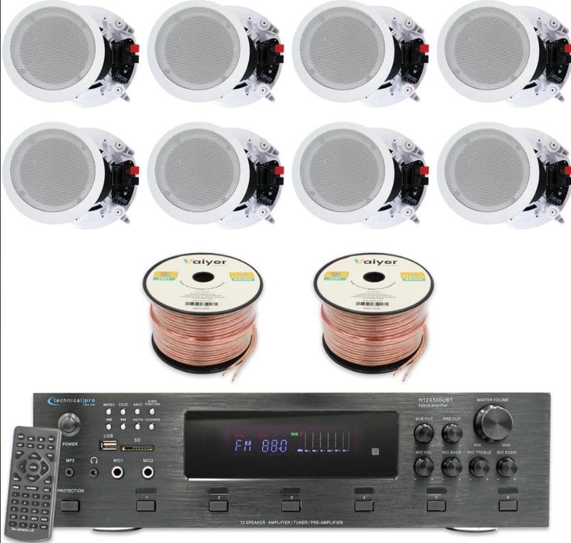 Home Theater System Kit - 6 Channel 6000 Watts Bluetooth Amplifier, 8 Qty of 8” Framed Ceiling Speakers 300 W Each, 16 AWG 500 ft Speaker Wire & Remote Ideal for Home, Office by Technical Pro