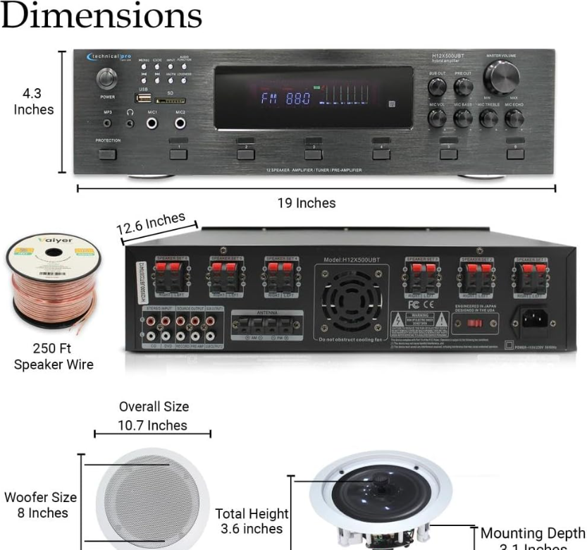 Snipaste_2025-09-21_01-40-04-40 Home Theater System Kit - 6 Channel 6000 Watts Bluetooth Amplifier, 8 Qty of 8” Framed Ceiling Speakers 300 W Each, 16 AWG 500 ft Speaker Wire & Remote Ideal for Home, Office by Technical Pro - Image 3