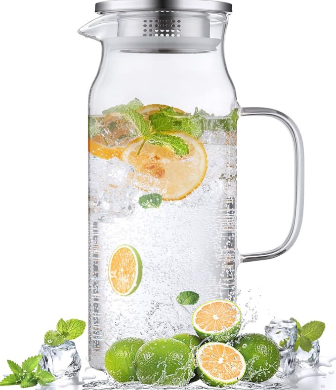 Bivvclaz 2 Liter Large Glass Pitcher with Stainless Steel Lid and Spout for Hot/Cold Drinks - Versatile for Fridge, Iced Tea, Coffee, Juice 92% of respondents would recommend this to a friend