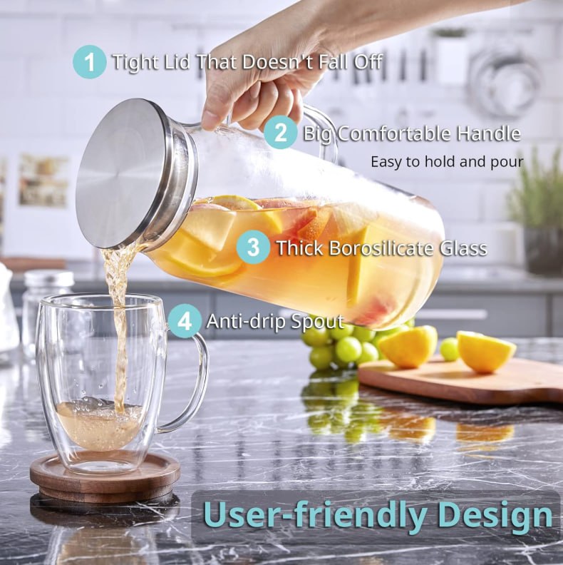 photo_2025-09-20-04.19.43-26 Bivvclaz 2 Liter Large Glass Pitcher with Stainless Steel Lid and Spout for Hot/Cold Drinks - Versatile for Fridge, Iced Tea, Coffee, Juice 92% of respondents would recommend this to a friend - Image 2