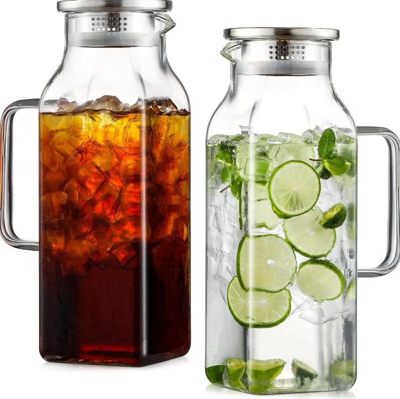 Netany 2 Pack 2 Liters/68 oz Square Glass Pitcher with Lid and Handle for Fridge, Iced Tea and Coffee Carafe Beverage Serveware, Heat Resistant Borosilicate Water Jug for Hot/Cold Drinks and Milk 85% of respondents would recommend this to a friend