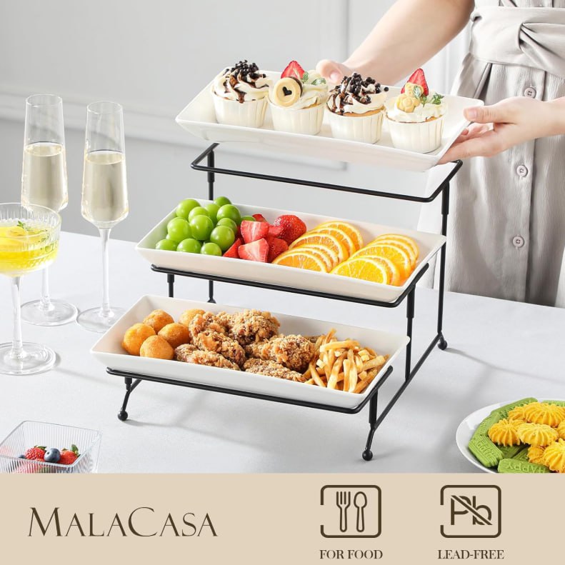 photo_2025-09-20-15.41.16-21 MALACASA 3 Tier Serving Trays for Party, Porcelain Serving Platters and Trays, 12 Inch Tiered Tray Stand, Fruit Tray, Trays for Serving Food, White Dessert Stand with Collapsible Sturdier Metal Rack 88% of respondents would recommend this to a friend - Image 3