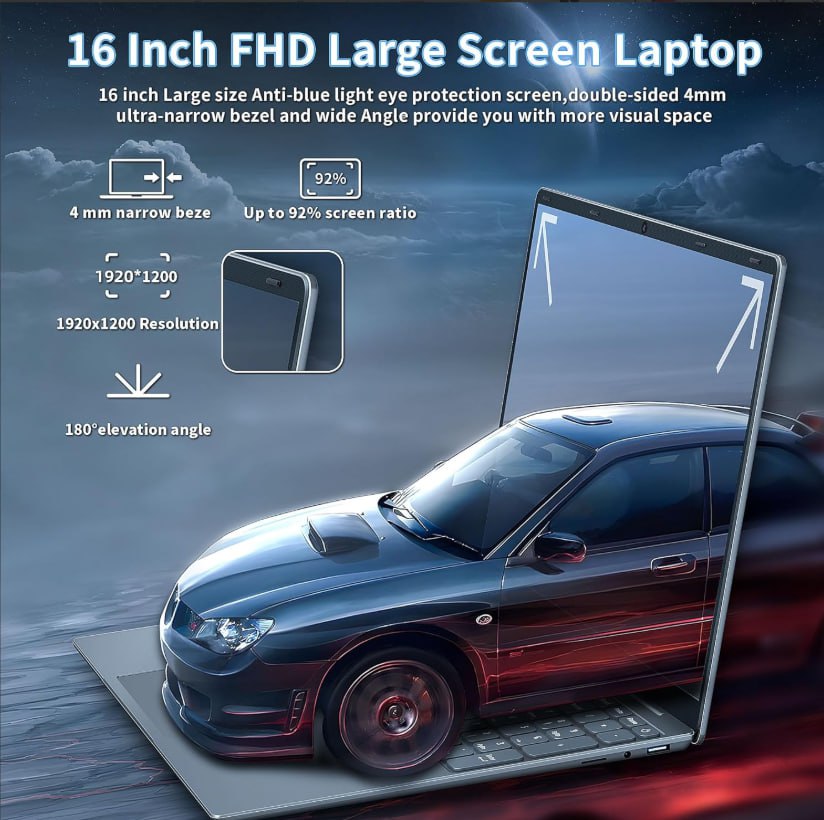 Win 11/MS Office 2019】 16" Laptop Computer Alder Lake N95 CPU (Up to 3.4Ghz) 12G LPDDR5 RAM 256GB SSD, Narrow Bezels 1920 * 1200 2K FHD IPS Screen/Backlit KB/Fingerprint Unlock (12G+512GB SSD)