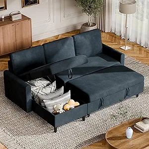 Shintenchi Sofa Couch, Pullout Sofa Bed,2 in 1 Pull Out Couch Bed with Storage Chaise for Living Room,Sleeper Sofa Couches Linen Sectional Sofa