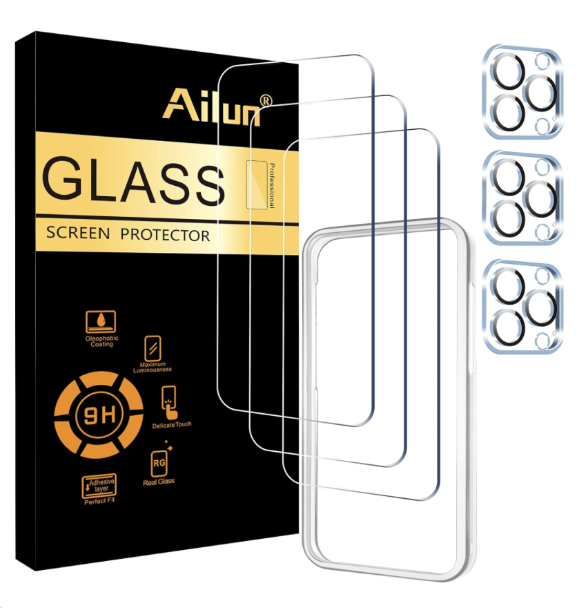 Ailun 3 Pack Screen Protector for iPhone 15 Pro Max [6.7 inch] + 3 Pack Camera Lens Protector with Installation Frame,Sensor Protection,Dynamic Island Compatible,Case Friendly Tempered Glass Film