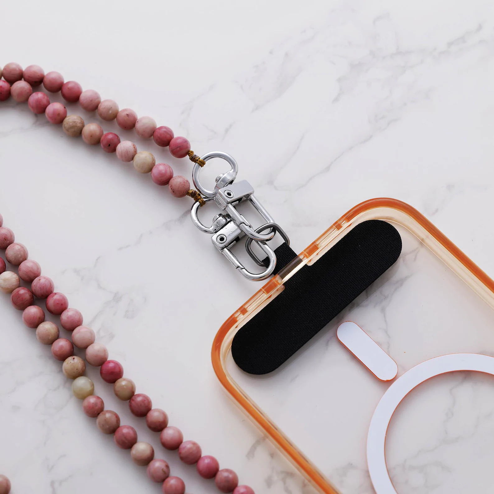 Rhodonite Cross Body Phone Strap | Natural Stone Phone Chain Bead Strap | Tether Tab | Strap Card iPhone Casing | Rotatable Hooks Clasp