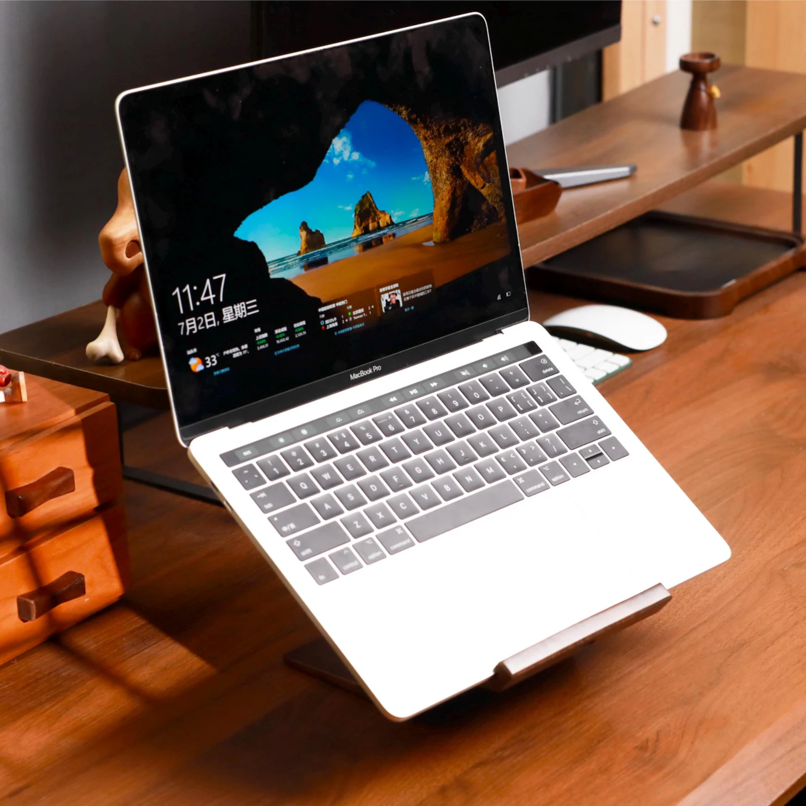 Solid Walnut MacBook Stand – Curved Wooden Laptop Holder for Desk Organization | Handmade Natural Finish Riser | Gift for Him or Her