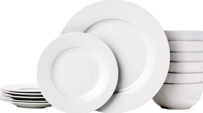 Amazon Basics 18-Piece Kitchen Dinnerware Set, Porcelain Dishes, Bowls - White